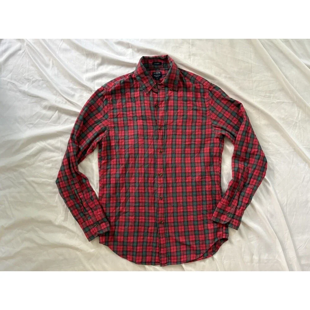 J Crew Flannel Shirt Red Black Plaid Mens S Button Up Cabin Outdoor Classic Prep